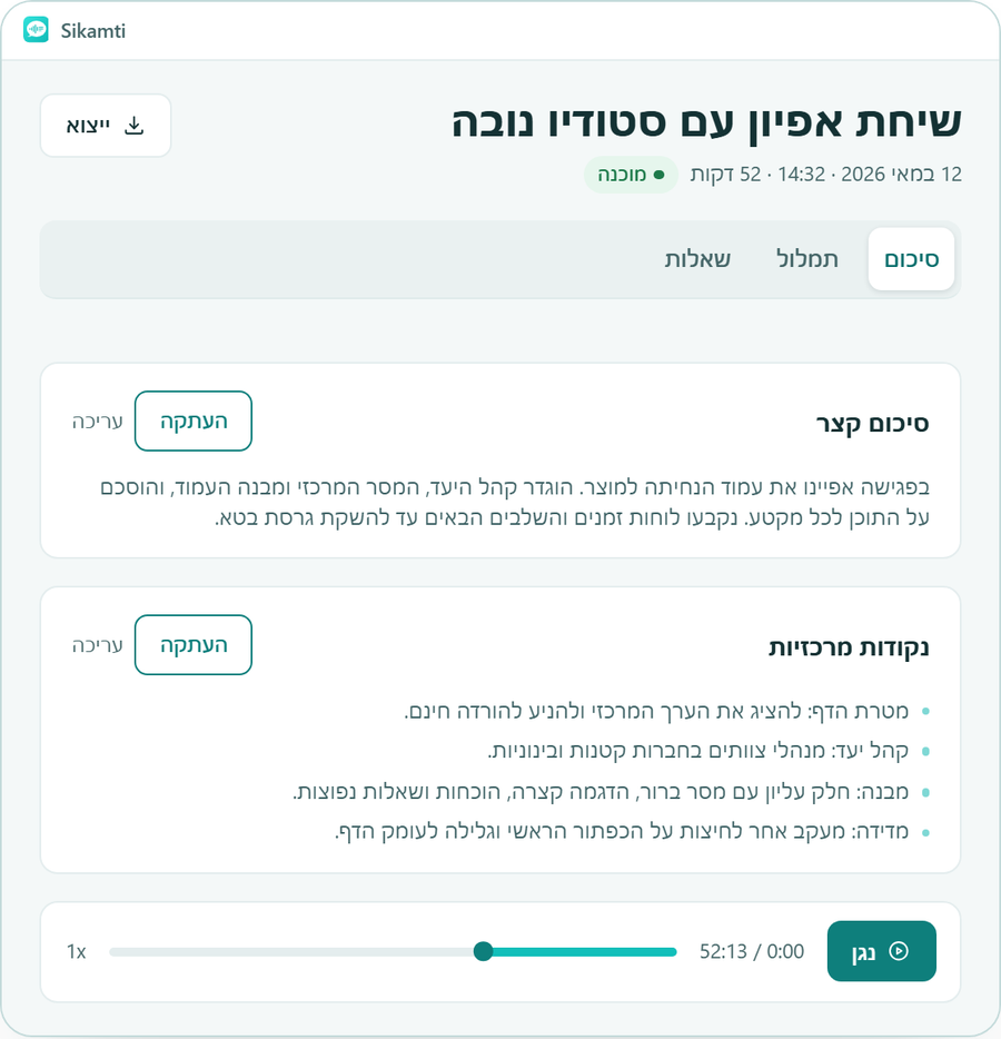 סיכום פגישה בעברית עם נקודות מרכזיות וצעדים להמשך ב-Sikamti