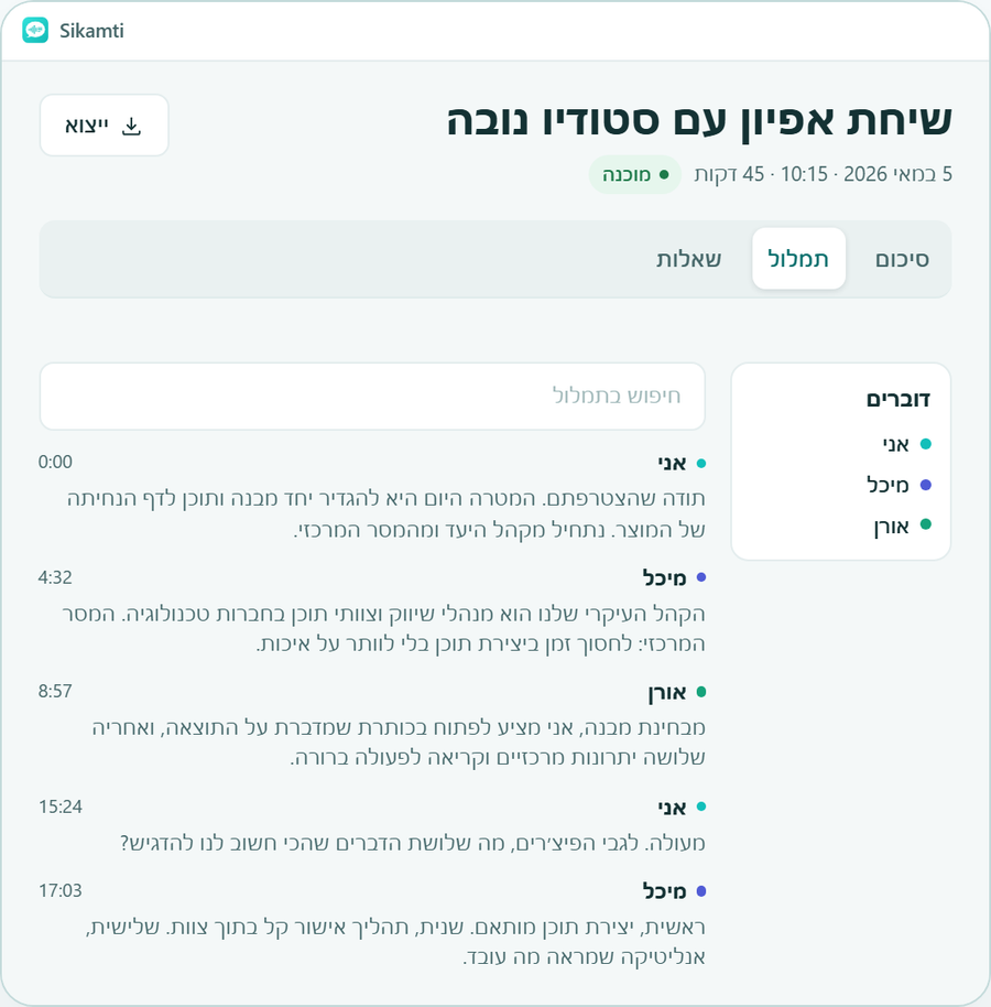 תמלול פגישה בעברית עם הפרדת דוברים ב-Sikamti